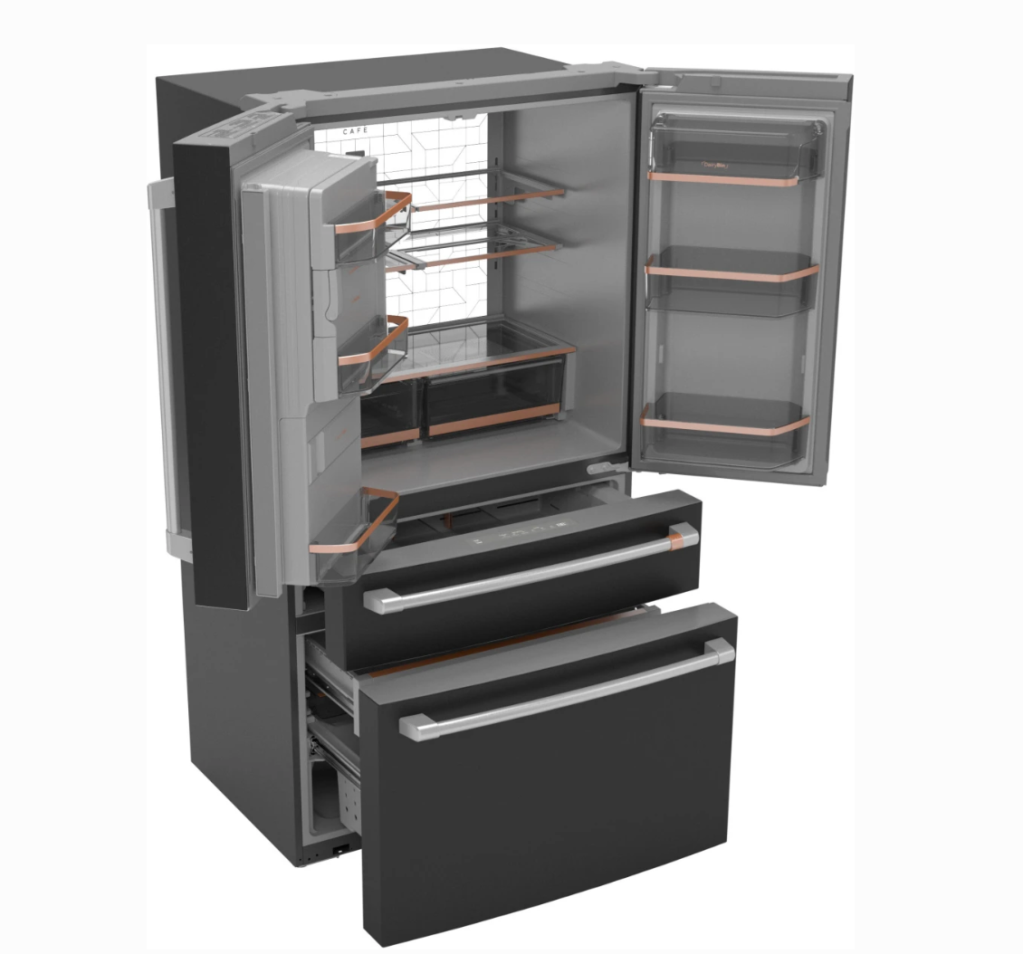 36 INCH GE Cafe CXE22DP3PD1  * New Open Box *. Counter Depth 4-Door French Door Smart Refrigerator  22.3 Cu. Ft. Hands-Free Autofill, Humidity Control System,  Convertible Drawer, BRASS Handles Wi-Fi, ENERGY STAR Matte Black .