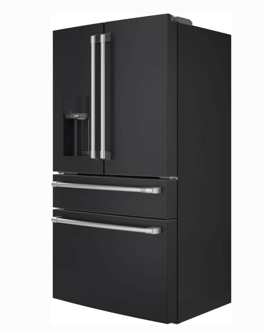 36 INCH GE Cafe CXE22DP3PD1  * New Open Box *. Counter Depth 4-Door French Door Smart Refrigerator  22.3 Cu. Ft. Hands-Free Autofill, Humidity Control System,  Convertible Drawer, BRASS Handles Wi-Fi, ENERGY STAR Matte Black .