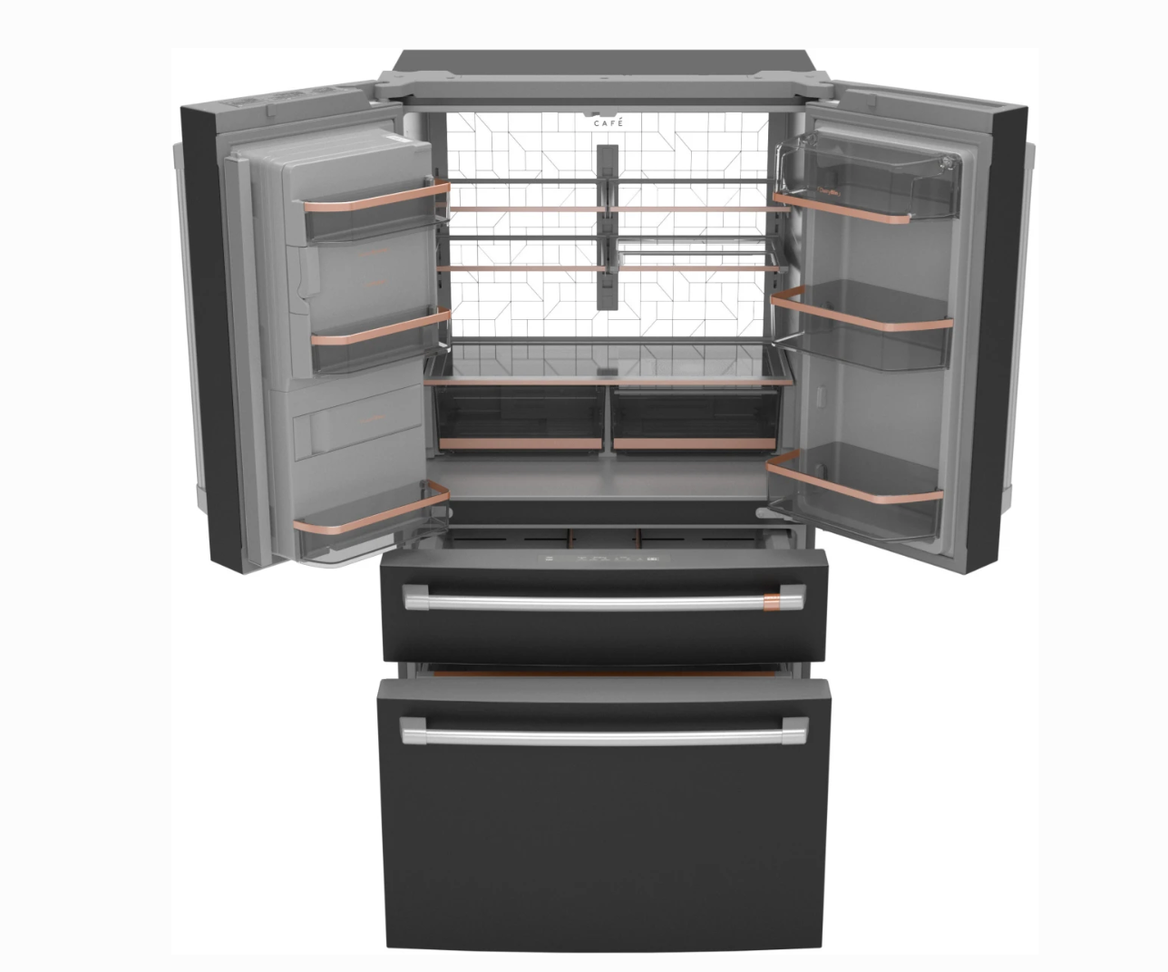 36 INCH GE Cafe CXE22DP3PD1  * New Open Box *. Counter Depth 4-Door French Door Smart Refrigerator  22.3 Cu. Ft. Hands-Free Autofill, Humidity Control System,  Convertible Drawer, BRASS Handles Wi-Fi, ENERGY STAR Matte Black .