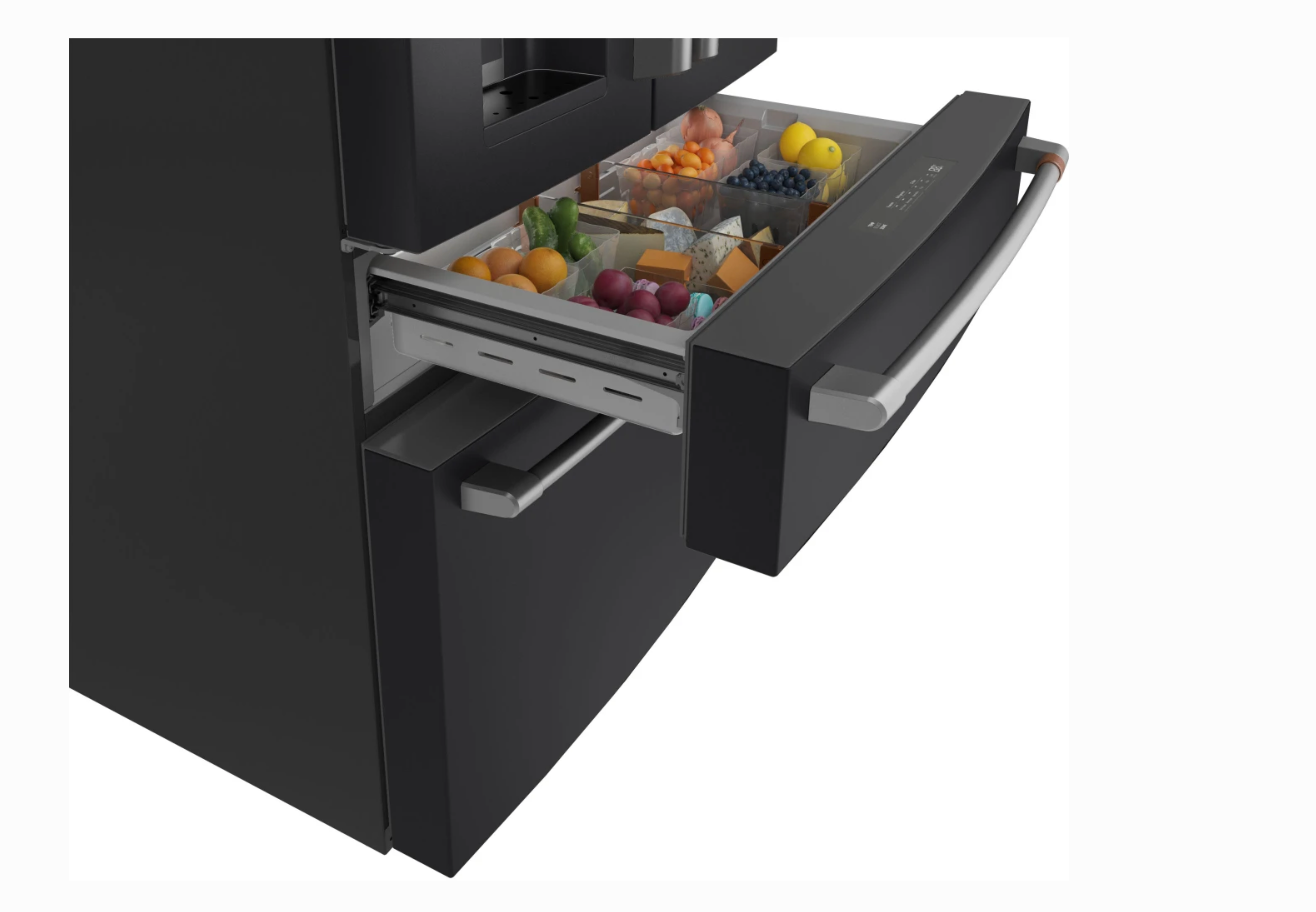 36 INCH GE Cafe CXE22DP3PD1  * New Open Box *. Counter Depth 4-Door French Door Smart Refrigerator  22.3 Cu. Ft. Hands-Free Autofill, Humidity Control System,  Convertible Drawer, BRASS Handles Wi-Fi, ENERGY STAR Matte Black .
