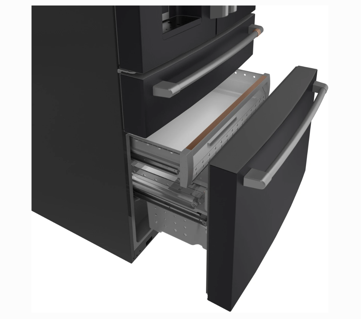 36 INCH GE Cafe CXE22DP3PD1  * New Open Box *. Counter Depth 4-Door French Door Smart Refrigerator  22.3 Cu. Ft. Hands-Free Autofill, Humidity Control System,  Convertible Drawer, BRASS Handles Wi-Fi, ENERGY STAR Matte Black .