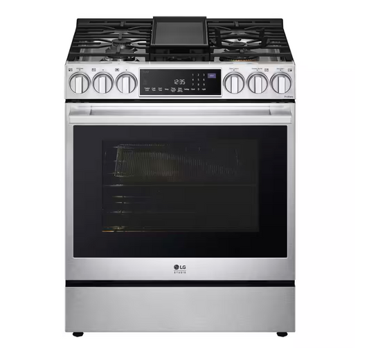 30 INCH LG Studio LSGS6338F Slide-In Gas Smart Range 5 Sealed Burners,6.3 cu. ft. Oven,Storage Drawer, Air Fry, Bake Convection, InstaView Window, Wi-Fi,, Voice Control,Ultra Heat Burner Stainless Steel * New Open Box *