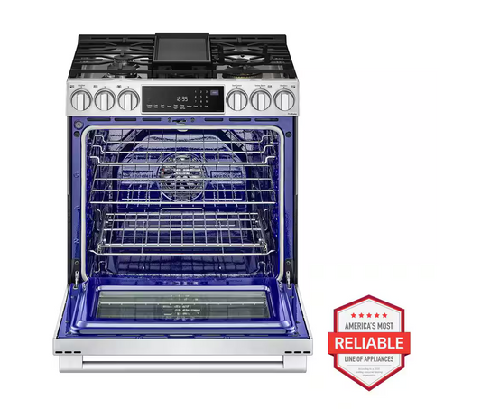 30 INCH LG Studio LSGS6338F Slide-In Gas Smart Range 5 Sealed Burners,6.3 cu. ft. Oven,Storage Drawer, Air Fry, Bake Convection, InstaView Window, Wi-Fi,, Voice Control,Ultra Heat Burner Stainless Steel * New Open Box *