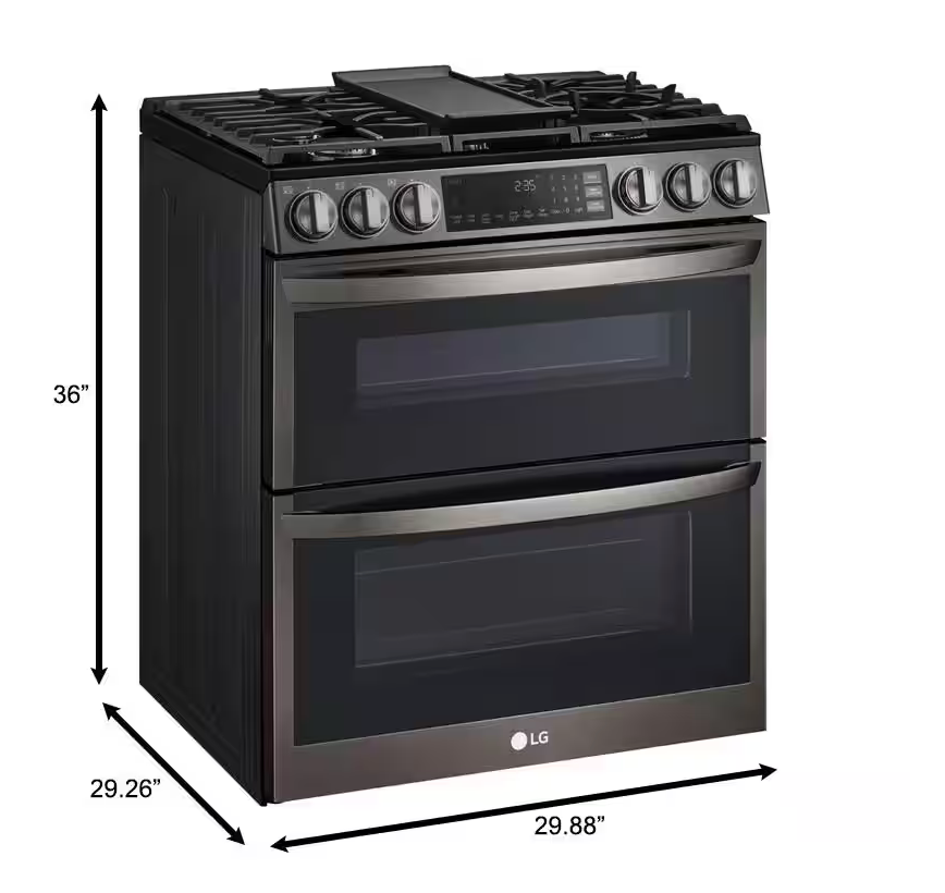 30 INCH LG LTGL6937D Slide-In Gas Range, Double Oven, Air Fry, Smart * New Open Box * 5 Sealed Burners, Double Oven, 6.9 Cu. Ft. Pro Bake Convection, Air Fry, Touch Glass Controls, Wi-Fi, Print Proof Black Stainless Steel .