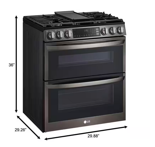 30 INCH LG LTGL6937D Slide-In Gas Range, Double Oven, Air Fry,  Smart * New Open Box *   5 Sealed Burners, Double Oven, 6.9 Cu. Ft.  Pro Bake Convection, Air Fry,  Touch Glass Controls, Wi-Fi,  Print Proof Black Stainless Steel .
