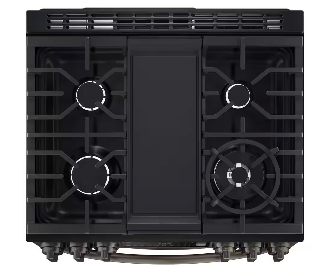 30 INCH LG LTGL6937D Slide-In Gas Range, Double Oven, Air Fry, Smart * New Open Box * 5 Sealed Burners, Double Oven, 6.9 Cu. Ft. Pro Bake Convection, Air Fry, Touch Glass Controls, Wi-Fi, Print Proof Black Stainless Steel .