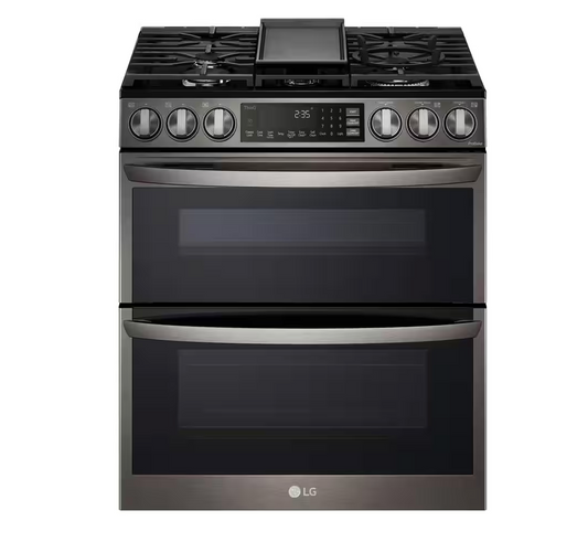 30 INCH LG LTGL6937D Slide-In Gas Range, Double Oven, Air Fry,  Smart * New Open Box *   5 Sealed Burners, Double Oven, 6.9 Cu. Ft.  Pro Bake Convection, Air Fry,  Touch Glass Controls, Wi-Fi,  Print Proof Black Stainless Steel .