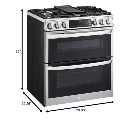 30 INCH LG LTGL6937F Slide-In Gas Range 5 Burners, Double Oven. * New Open Box ProBake Convection, Air Fry, EasyClean,  SmoothTouch Glass Controls, WideView Window, Wi-Fi Connectivity,  ThinQ Technology , UltraHeat Burner Print Proof Stainless Steel .