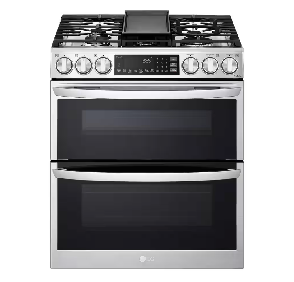 30 INCH LG LTGL6937F Slide-In Gas Range 5 Burners, Double Oven. * New Open Box ProBake Convection, Air Fry, EasyClean, SmoothTouch Glass Controls, WideView Window, Wi-Fi Connectivity, ThinQ Technology , UltraHeat Burner Print Proof Stainless Steel .