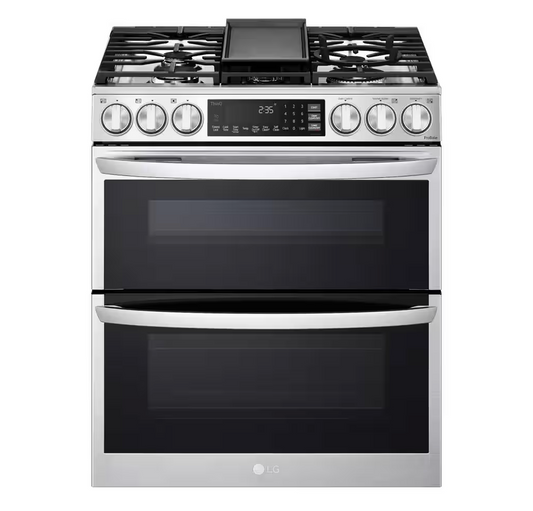 30 INCH LG LTGL6937F Slide-In Gas Range 5 Burners, Double Oven. * New Open Box ProBake Convection, Air Fry, EasyClean,  SmoothTouch Glass Controls, WideView Window, Wi-Fi Connectivity,  ThinQ Technology , UltraHeat Burner Print Proof Stainless Steel .