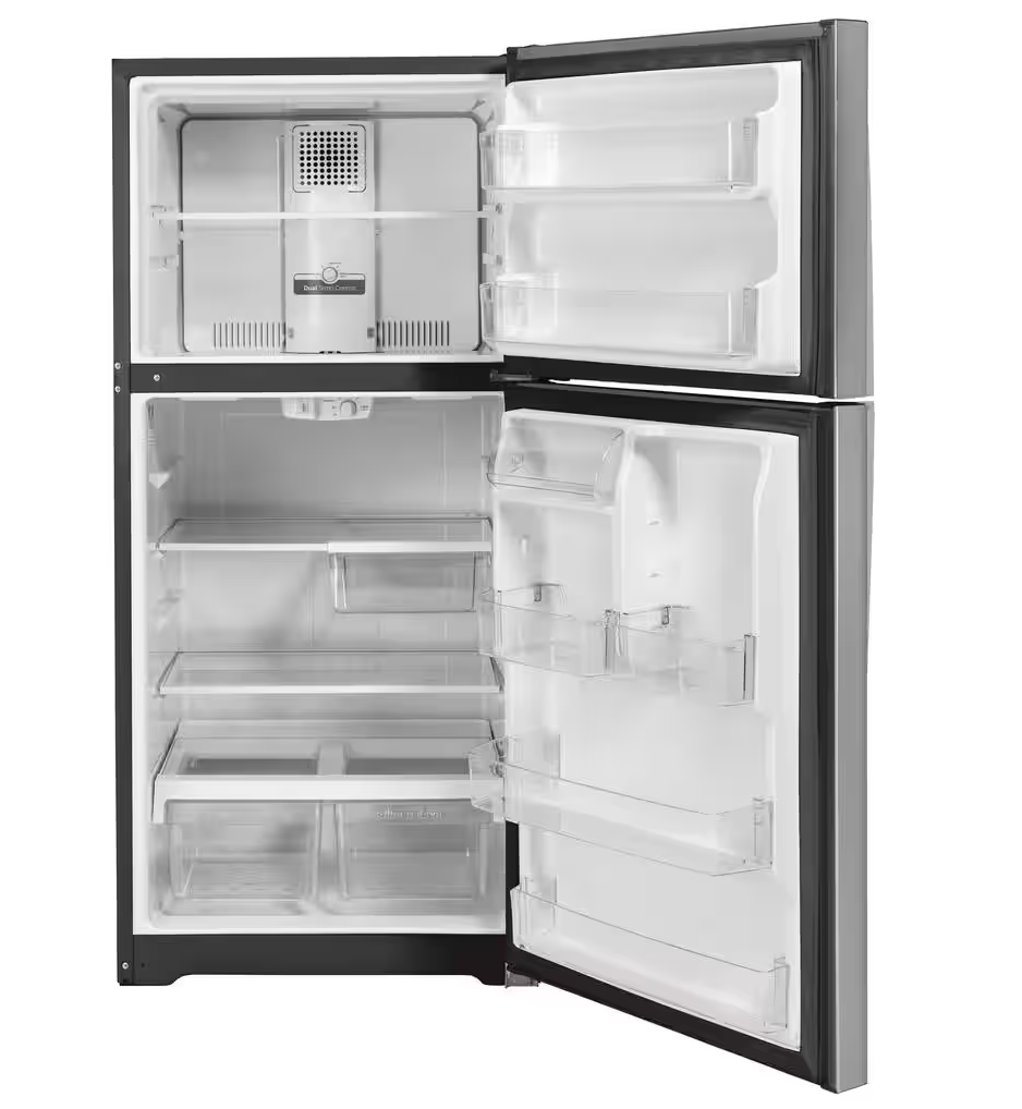 30 INCH GE GTE19JSNRSS Top Freezer Refrigerator 19.2 Cu. Ft., Reversible Hinges, Adjustable Full-Width Glass Shelves, * New Open Box * Energy Star, Sabbath, ADA Compliant, Stainless Steel