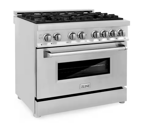36 INCH ZLINE  RA36  Freestanding Dual Fuel Gas Range 6 Sealed Italian Burners, 4.6 cu. ft. Oven Continuous Grates, Convection,Smooth Glide Racks, Porcelain Cooktop,Stainless Steel * New Open Box *