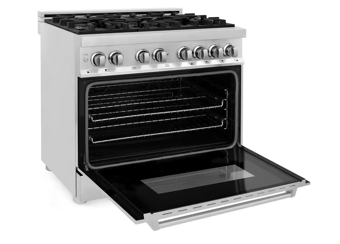 36 INCH ZLINE RA36 Freestanding Dual Fuel Gas Range 6 Sealed Italian Burners, 4.6 cu. ft. Oven Continuous Grates, Convection,Smooth Glide Racks, Porcelain Cooktop,Stainless Steel * New Open Box *