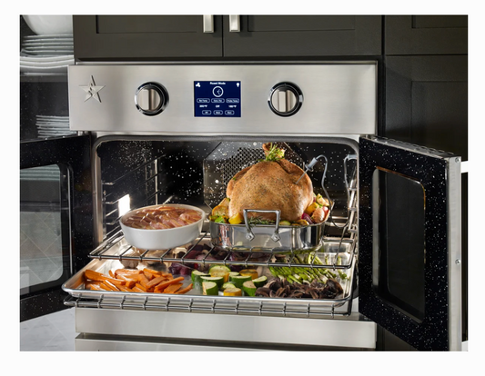 30 INCH BLUESTAR BSEWO30ECSD  Single French Door Electric Wall Oven 4.5 cu. ft.  Convection Oven, Eco-Friendly Continu Self-Clean,  12 Cooking Modes, Temperature Probe,  Baking Stone, French Door Swing  , Sabbath,  Stainless Steel. new open box