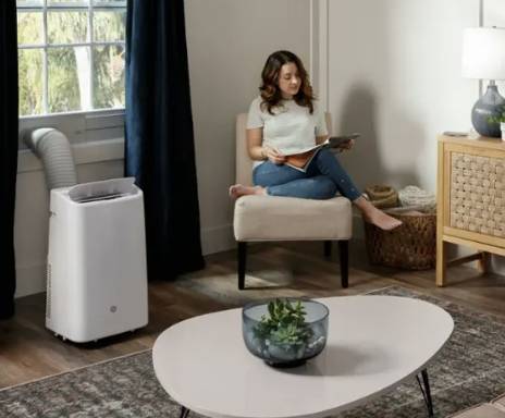 GE 450 Sq. Ft. 10,400 BTU Smart Portable Air Conditioner White * New Open Box * 3 in 1 Portable Air , Wi-Fi , Auto Evaporation , Remote Control , LED Controls , 24 Hr Timer , Continuous Fan , Window Installation Kit ,