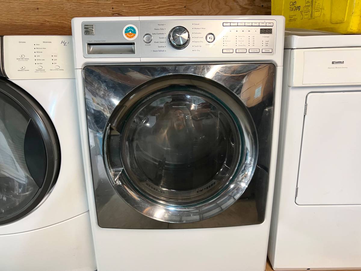 27 Inch Kenmore Elite Front Load Washer Dryer Set Steam White, Used Condition
