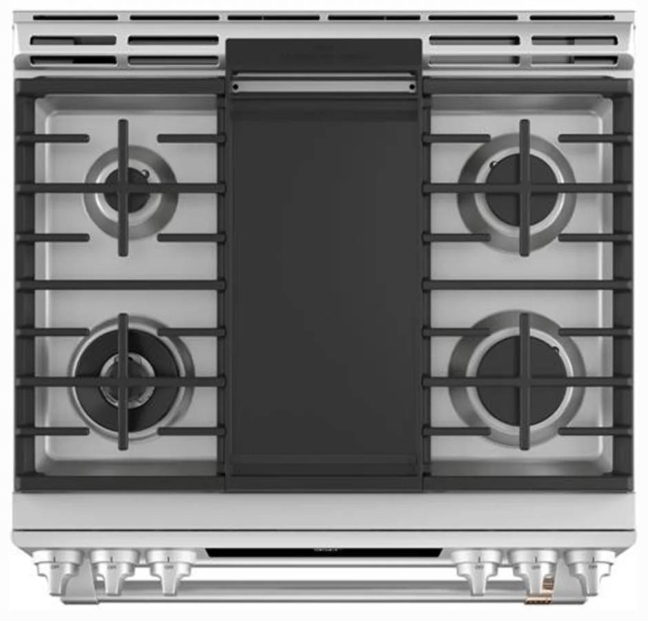 30 INCH GE Cafe C2S950P2M4S1 Slide-In Dual Fuel Range 6 Burners New Open Box , 7.0 CU FT Double Oven Self Clean Double Oven , Sealed , Probe , Steam Clean , LED Control Panel,  Chef Connect , 21K Triple Ring Stainless Steel ADA Compliant