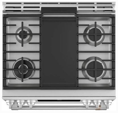 30 INCH GE Cafe C2S950P2M4S1 Slide-In Dual Fuel Range 6 Burners New Open Box , 7.0 CU FT Double Oven Self Clean Double Oven , Sealed , Probe , Steam Clean , LED Control Panel,  Chef Connect , 21K Triple Ring Stainless Steel ADA Compliant