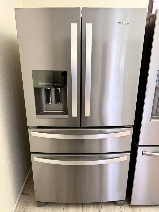 36 INCH Whirlpool WRMF3636RZ 4-Door French Door Refrigerator * NEW Open Box * 27.8 CU Ft , Gallon Door Bins, Crispers ,  Dual Ice Maker  PurePour Water Filter , PureAir Ultra II Air Filter , Energy Star Certified , Stainless Steel .