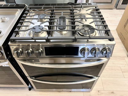 30 INCH LG LTGL6937F Slide-In Gas Range 5 Burners, Double Oven. * New Open Box ProBake Convection, Air Fry, EasyClean,  SmoothTouch Glass Controls, WideView Window, Wi-Fi Connectivity,  ThinQ Technology , UltraHeat Burner Print Proof Stainless Steel .