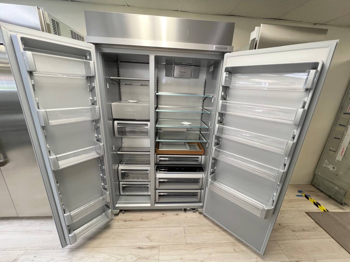 48 INCH KitchenAid KBSN708MPS Built In Side-by-Side Refrigerator NEW *  Open Box * 30 cu. ft.,  4 Shelves, Under-Shelf Prep Zone, FreshChill Drawer,  Extend Fresh Temp System, Auto Ice Maker,  Star-K , Stainless Steel Print Shield Finish