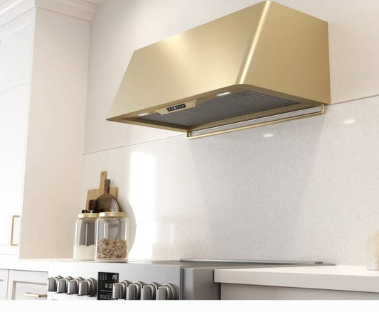 36 INCH Zephyr Designer Mesa DMEM90ASGX Wall Mount Range Hood GOLD with Invisible Touch Controls ,  Try-Level LED , Baffle Filters, Multiple Blower Options. ,  Clean Air Funciton , Delay-Off , UL Listed, New Open Box