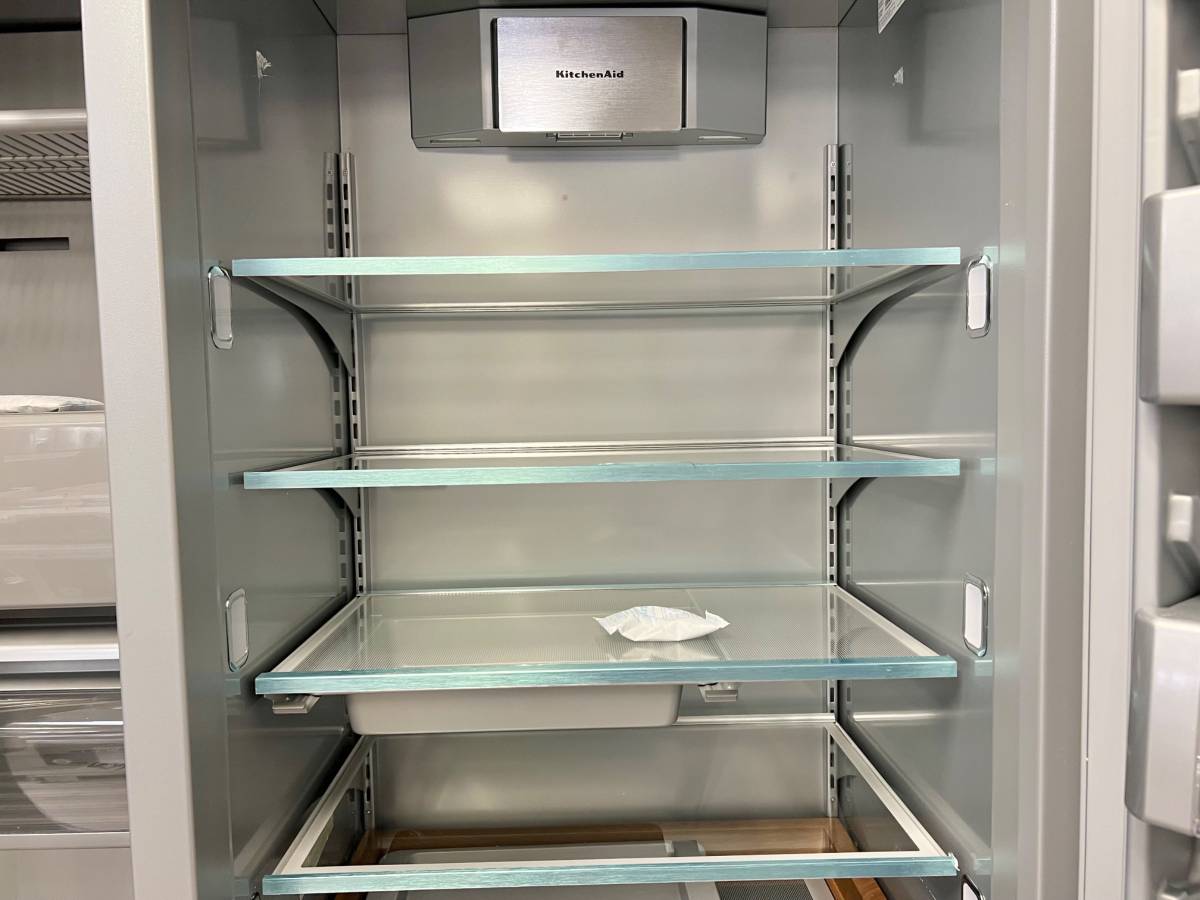 48 INCH KitchenAid KBSN708MPS Built In Side-by-Side Refrigerator NEW *  Open Box * 30 cu. ft.,  4 Shelves, Under-Shelf Prep Zone, FreshChill Drawer,  Extend Fresh Temp System, Auto Ice Maker,  Star-K , Stainless Steel Print Shield Finish
