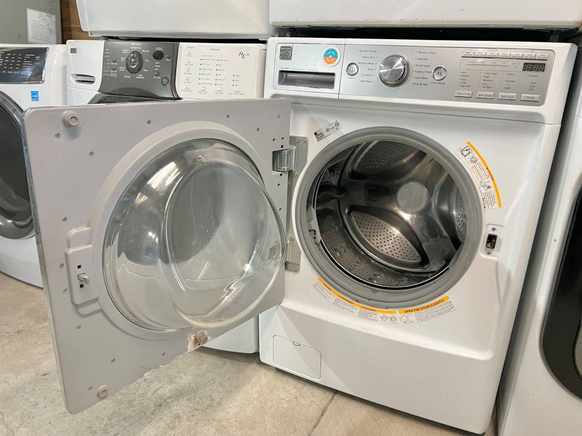 27 Inch Kenmore Elite Front Load Washer Dryer Set Steam White, Used Condition