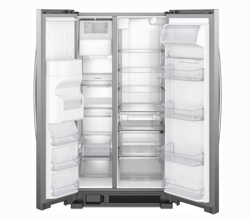 36 Inch Whirlpool Side by Side Refrigerator New Open Box *Refrigerator 24.55 Cu. Ft. , Can Caddy, Frameless Glass Shelves, External Ice and Water Dispenser, EveryDrop Water Filtration, ADA Fingerprint Resistant Stainless Steel