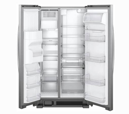 36 Inch Whirlpool Side by Side Refrigerator New Open Box *Refrigerator 24.55 Cu. Ft. , Can Caddy, Frameless Glass Shelves, External Ice and Water Dispenser, EveryDrop Water Filtration, ADA Fingerprint Resistant Stainless Steel