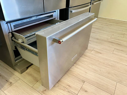 36 INCH KitchenAid KRMF706ESS 5-Door French Door Refrigerator * New Open Box *Freestanding 5-Door French Door Refrigerator 25.8 cu. ft., 5 Shelves, 2 Soft-Close Drawers, Exterior Ice and Water Dispenser, LED Lighting Sabbath Stainless Steel