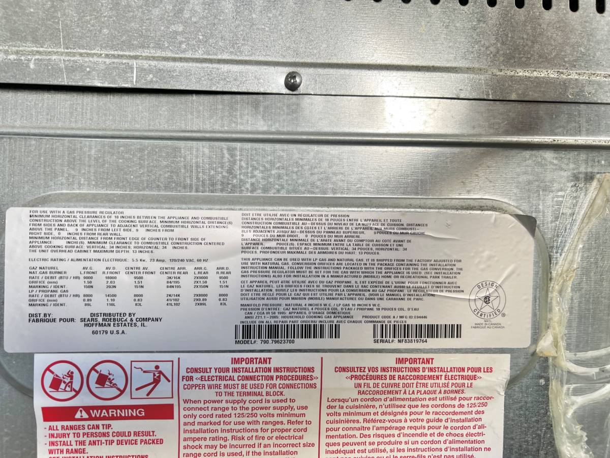 36 INCH Kenmore Professional 79079623700 , Dual Fuel Gas Range, 6 Sealed Burners , Convection Oven, in Stainless Steel , 220V