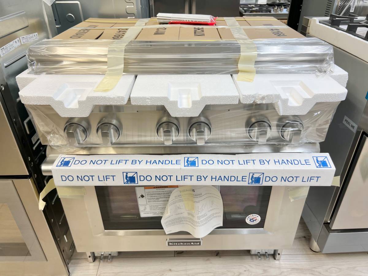 36 INCH Kitchenaid KDRS467VSS Dual Fuel Range * New Open Box * Stainless Steel , 6 Sealed Burners , Commercial Style , Continuous Grates , Hidden Bake Element, Proofing , Bread, Even Heat , 2 20k BTU Ultra Power Dual Flame Burners