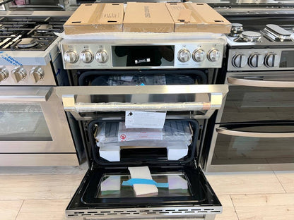 30 INCH GE Cafe C2S950P2M4S1 Slide-In Dual Fuel Range 6 Burners New Open Box , 7.0 CU FT Double Oven Self Clean Double Oven , Sealed , Probe , Steam Clean , LED Control Panel,  Chef Connect , 21K Triple Ring Stainless Steel ADA Compliant