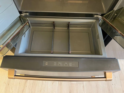 36 INCH GE Cafe CXE22DP3PD1  * New Open Box *. Counter Depth 4-Door French Door Smart Refrigerator  22.3 Cu. Ft. Hands-Free Autofill, Humidity Control System,  Convertible Drawer, Multiflow Air, Enhanced Shabbos,  Wi-Fi, ENERGY STAR Matte Black .