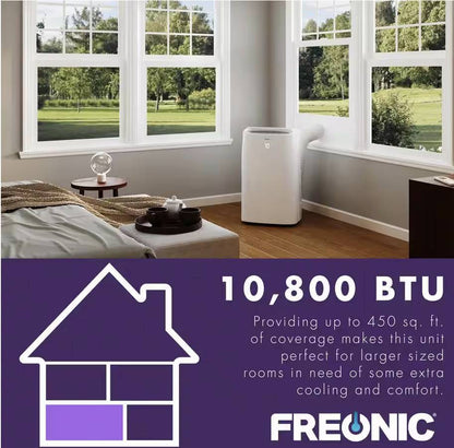 FREONIC 10,800 BTU Portable Air Conditioner 450 Sq. Ft. Dehumidifier* New Open Box * 3 in 1 LCD Window Kit Included , Auto-Restart , 24 Hr Timer ,11.4 AMP , 52 dBA , 6 FT Cord , 3 Speed