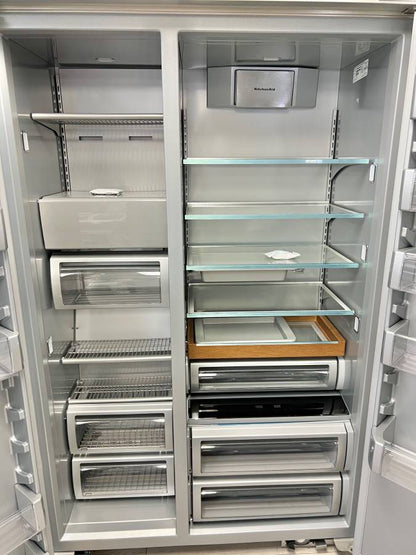 48 INCH KitchenAid KBSN708MPS Built In Side-by-Side Refrigerator NEW *  Open Box * 30 cu. ft.,  4 Shelves, Under-Shelf Prep Zone, FreshChill Drawer,  Extend Fresh Temp System, Auto Ice Maker,  Star-K , Stainless Steel Print Shield Finish