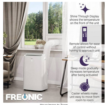 FREONIC 10,800 BTU Portable Air Conditioner 450 Sq. Ft. Dehumidifier* New Open Box * 3 in 1 LCD Window Kit Included , Auto-Restart , 24 Hr Timer ,11.4 AMP , 52 dBA , 6 FT Cord , 3 Speed