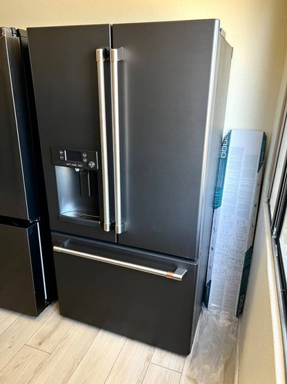 36 Inch GE Cafe CYE22TP3MJD1 Counter Depth French Door Refrigerator * New Open Box * Smart Refrigerator  22.2 Cu. Ft., Precise Fill, TwinChill Evaporators, Wi-Fi, Hot Water Dispenser, ADA  ENERGY STAR,Matte Black  Brushed Stainless Handles