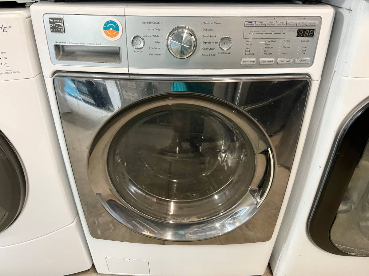 27 Inch Kenmore Elite Front Load Washer Dryer Set Steam White, Used Condition
