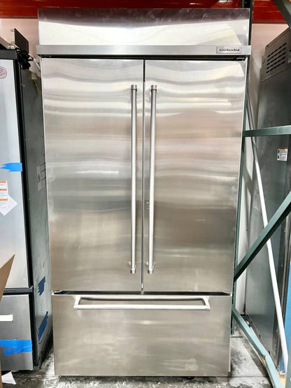 42 INCH KitchenAid  KBFN502ESS  Built-In French Door Refrigerator 24.2 cu. ft., 4 Glass Shelves, Preserva Food Care System, Automatic Ice Maker, Platinum Interior, LED * New Open Box * Door Open Alarm, Sabbath, ENERGY STAR Stainless Steel