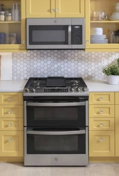 30 INCH GE  JGSS86SPSS  Slide In Double Oven Gas Range , 5 Sealed Burners, 6.7 Total Oven, Continuous Cast Iron Grate, Integrated Griddle, Steam Clean, ADA * New Open Box *