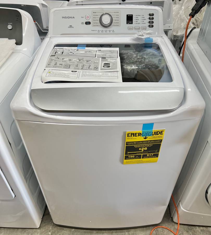27 INCH Insignia 4.1 Cu. Ft. High Efficiency Top Load Washer White New * Open Box * 4.1 Cu Ft 11 Washing Programs Child Lock Delay Start  Eco Warm Cold Hot High Efficiency Energy Star