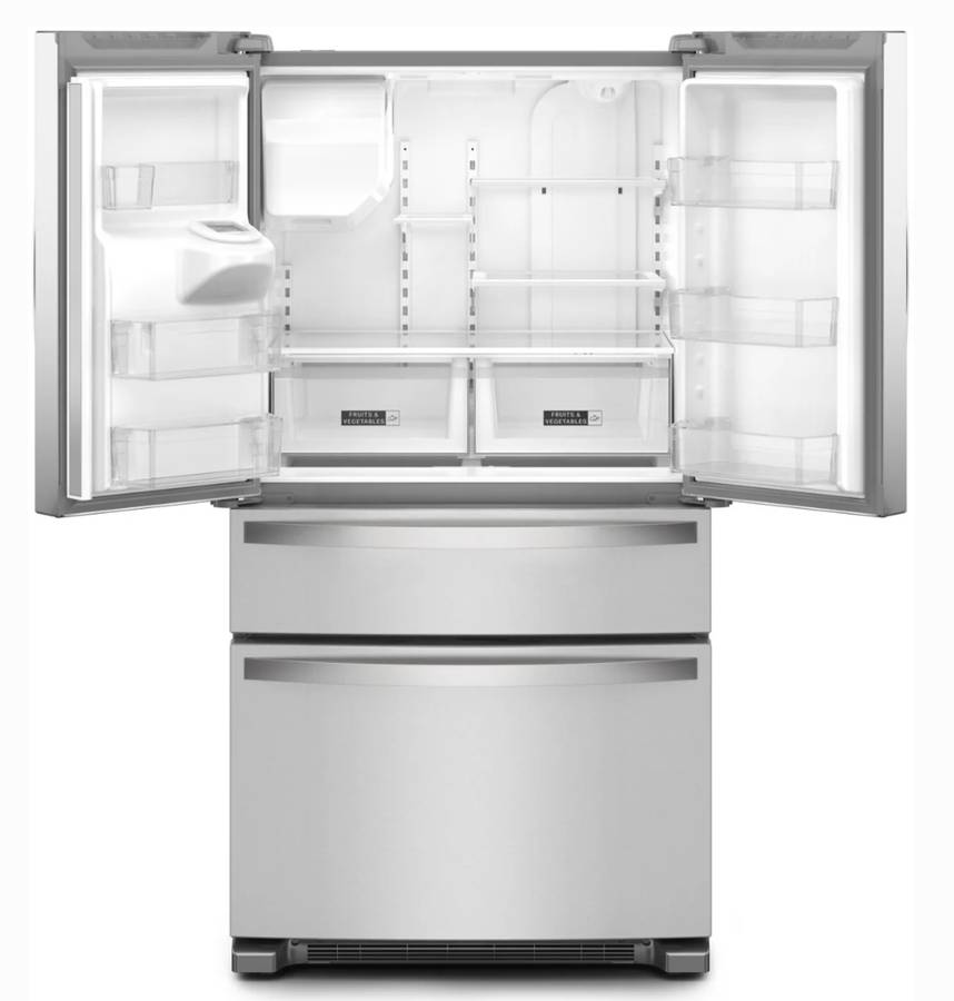 36 INCH Whirlpool WRMF3636RZ 4-Door French Door Refrigerator * NEW Open Box * 27.8 CU Ft , Gallon Door Bins, Crispers ,  Dual Ice Maker  PurePour Water Filter , PureAir Ultra II Air Filter , Energy Star Certified , Stainless Steel .