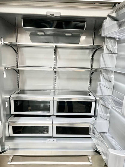 42 INCH KitchenAid  KBFN502ESS  Built-In French Door Refrigerator 24.2 cu. ft., 4 Glass Shelves, Preserva Food Care System, Automatic Ice Maker, Platinum Interior, LED * New Open Box * Door Open Alarm, Sabbath, ENERGY STAR Stainless Steel