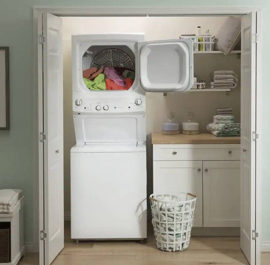 27 INCH GE Stackable GUD27ESSMWW Electric Laundry Center White * New Open Box Auto-load Sensing, Cycle Status Lights, Rotary Controls, 11 Wash Cycles, 6 Wash Rinse Temperatures , 800 RPM , White .