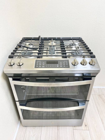 30 INCH GE  JGSS86SPSS  Slide In Double Oven Gas Range , 5 Sealed Burners, 6.7 Total Oven, Continuous Cast Iron Grate, Integrated Griddle, Steam Clean, ADA * New Open Box *