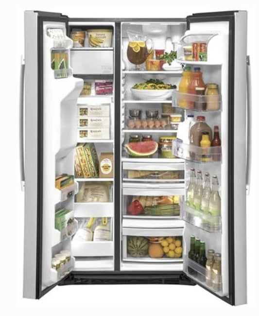 36 INCH GE GZS22IYNYHFS Counter Depth Side by Side Freestanding Refrigerator * New Open Box *  21.8 Cu. Ft. , Showcase LED Lighting, External Filtered Water Dispenser ,  Ice Dispenser AHAM Fingerprint Resistant Stainless Steel .