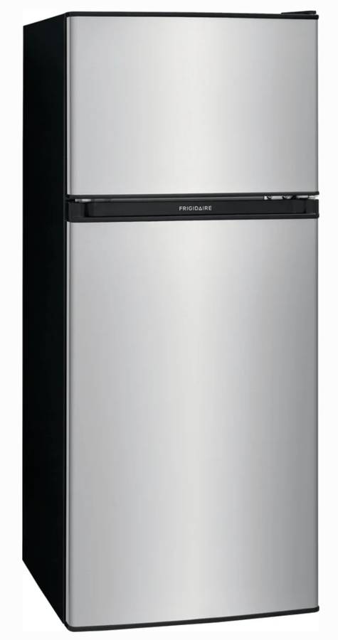 19 INCH Frigidaire FFPS4533UM Compact Top Freezer Refrigerator * New Open Box  4.5 cu. ft., Easy Access Can Holders,  Adjustable Glass Shelves, Full-Width Freezer,  Interior Light, Clear Crisper Drawer, Energy Star , Stainless Steel .