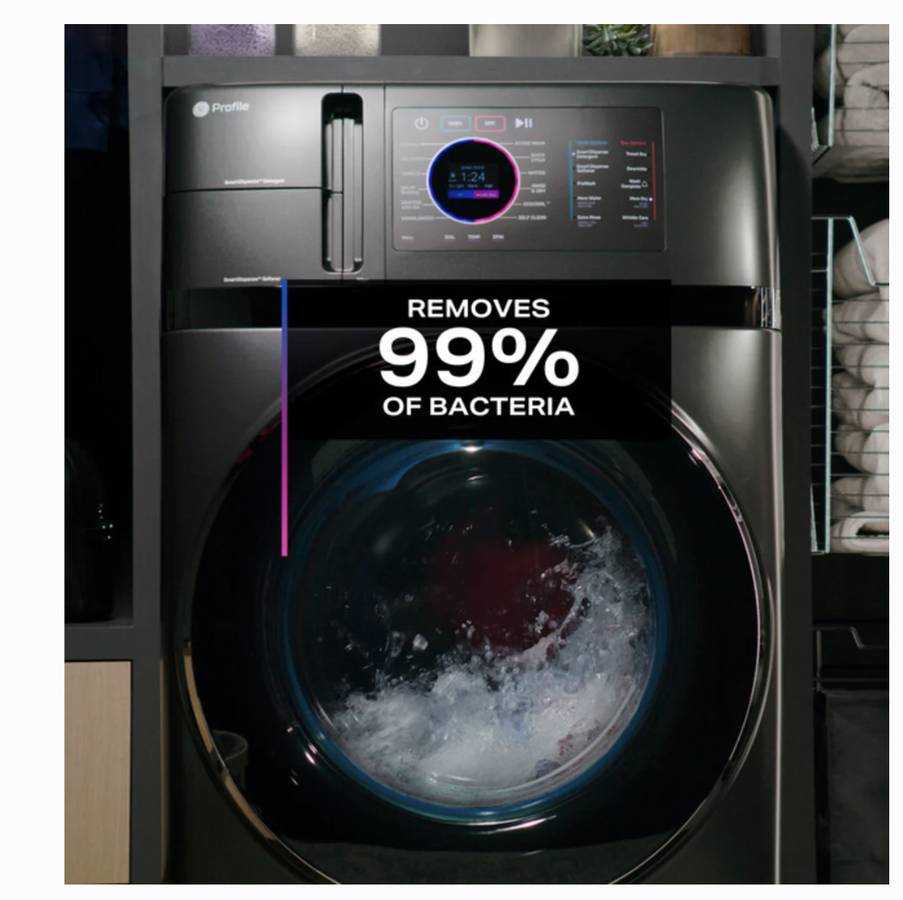 28 INCH GE Profile PFQ97HSPVDS Front Load Washer Dryer Combo * NEW ** 4.8 Cu Ft , Energy Star , Ventless Heat Pump Dryer, 110V outlet, ADA, Carbon Graphite.